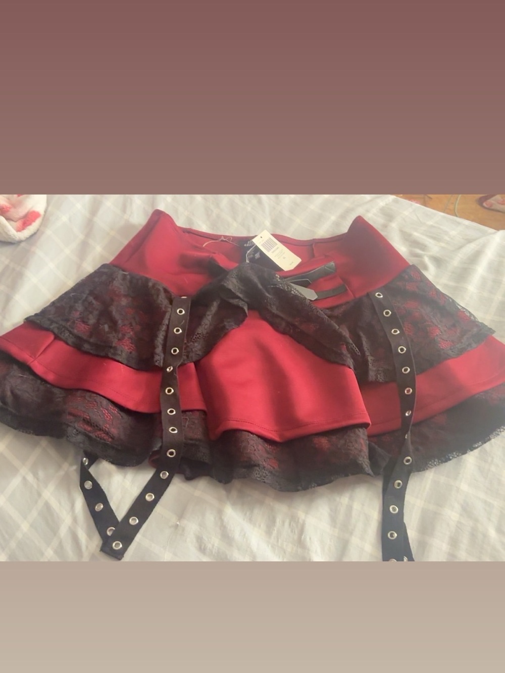 Red Lace-Trim Circle Skirt with Grommet Strap Detail
